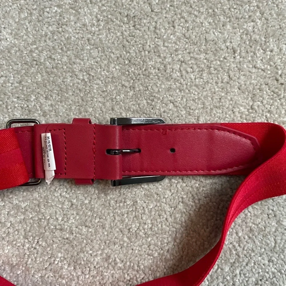 Nike Belt Red Elastic Belt with Red Leather Trim Silver Buckle One Size